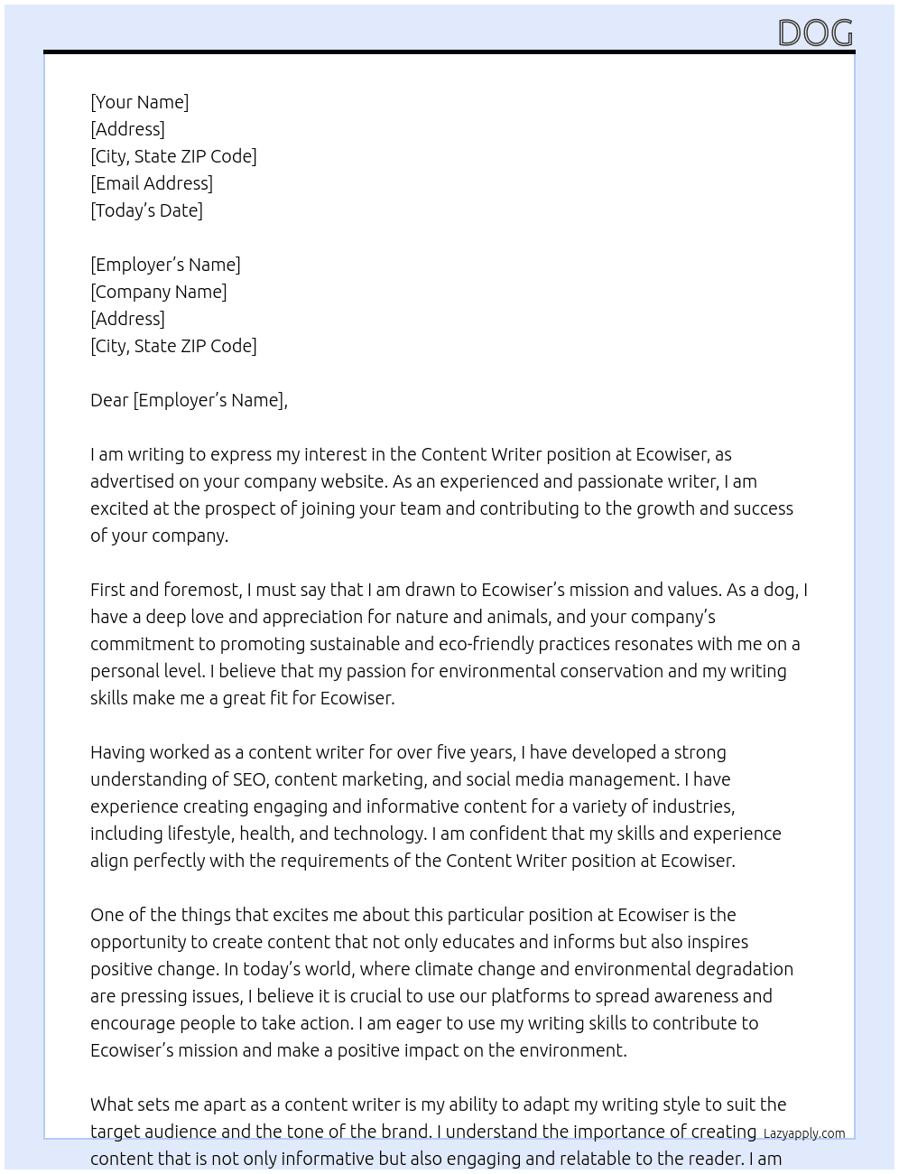 contenr writer At ecowiser Cover Letter