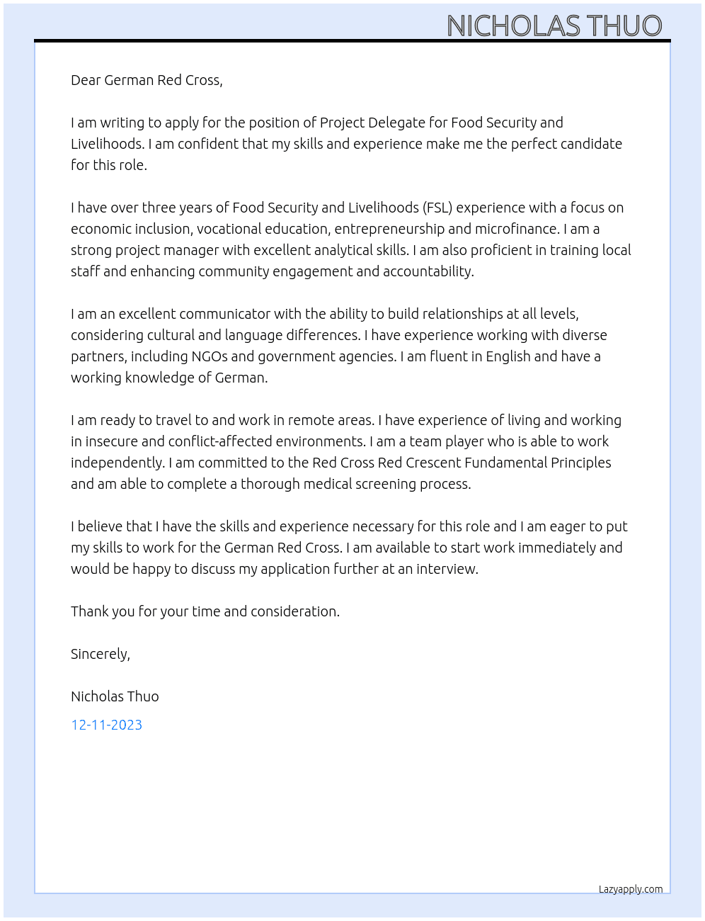 Project Delegate Food Security and Livelihoods  At German Red Cross Cover Letter