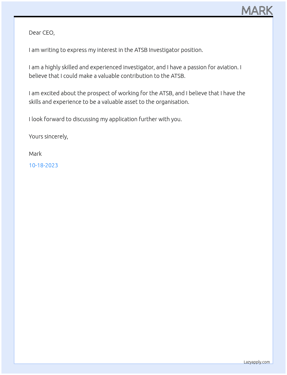 ATSB Investigator At ATSB Cover Letter
