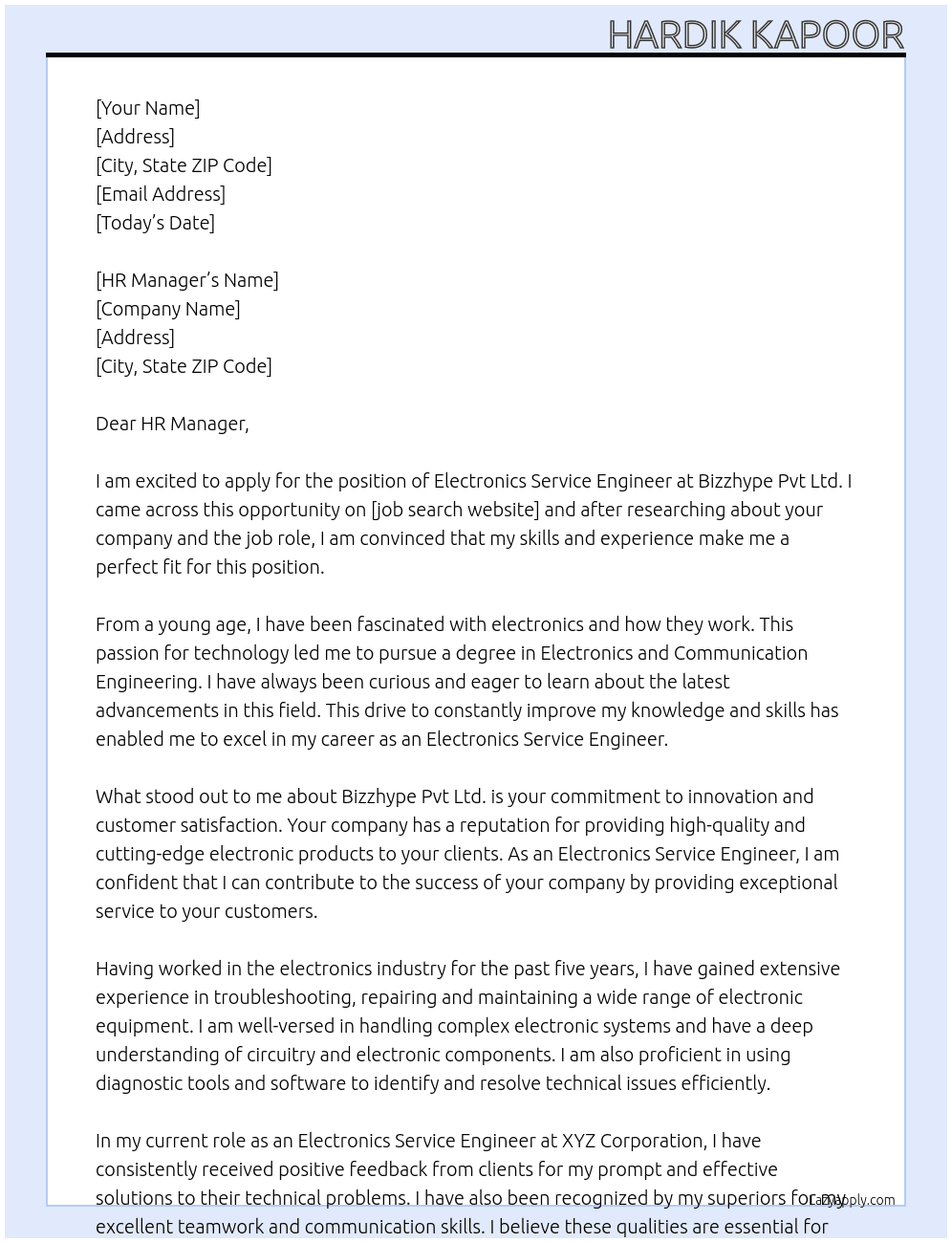 Electronics Service Engineer At Bizzhype Pvt Ltd. Cover Letter