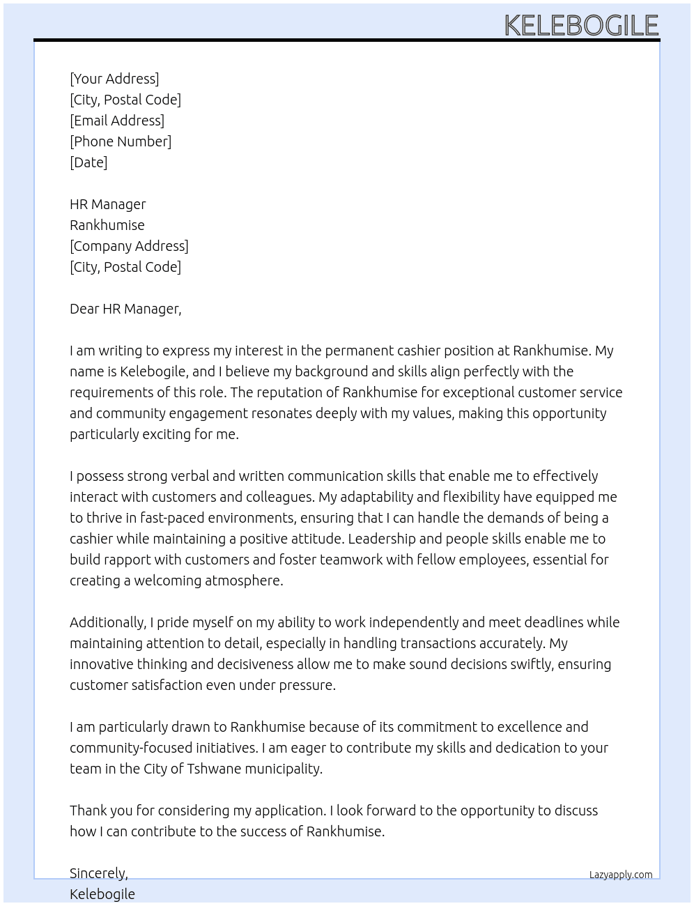 cashier At Rankhumise Cover Letter