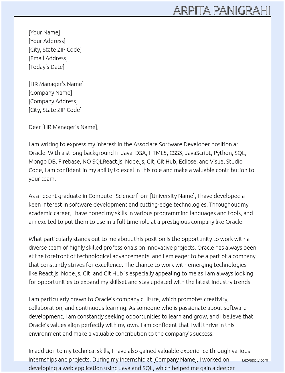 Associate software Developer At Oracle Cover Letter