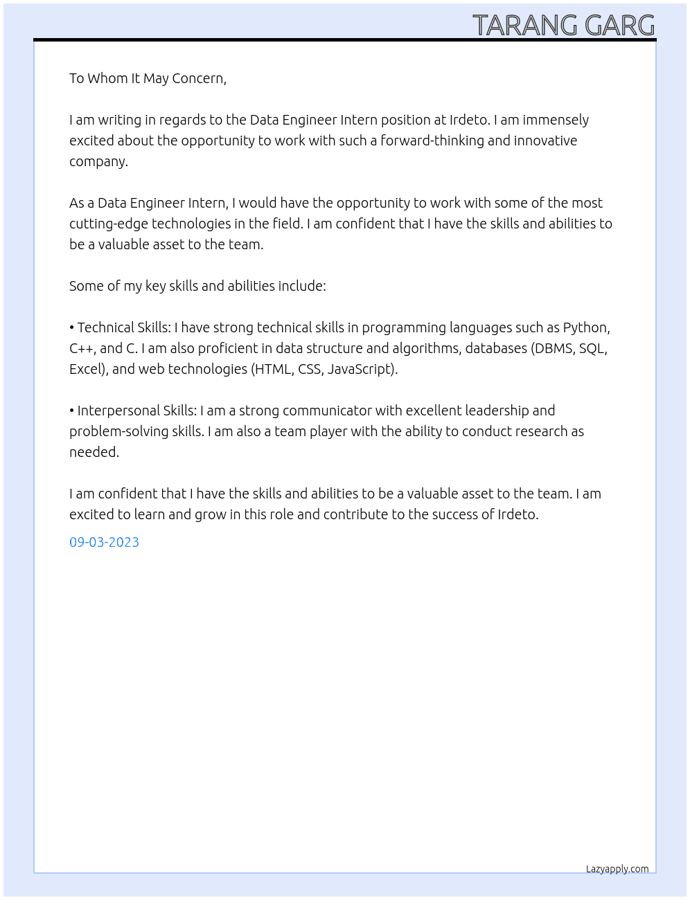 Data Engineer Intern At Irdeto Cover Letter