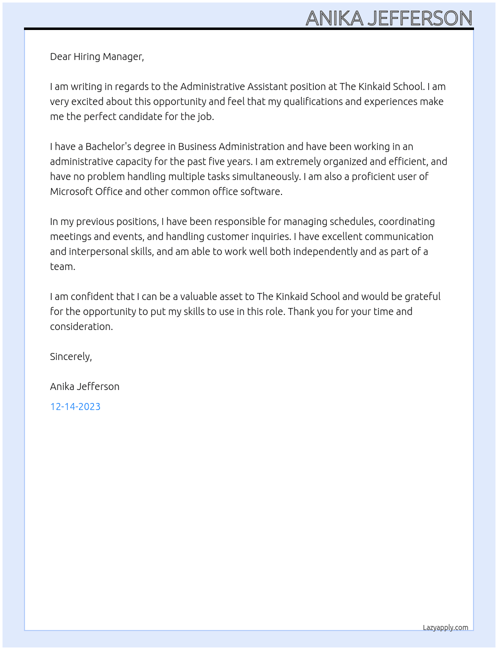 Administrative Assistant At The Kinkaid School Cover Letter