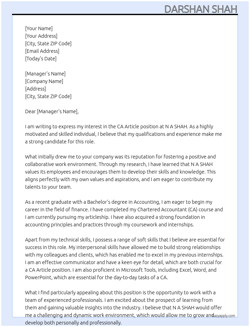 CA Article At N A SHAH Cover Letter