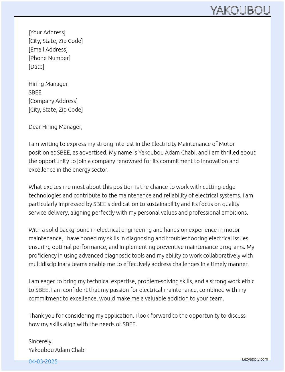 Electricity Maintenance of Motor  At SBEE  Cover Letter