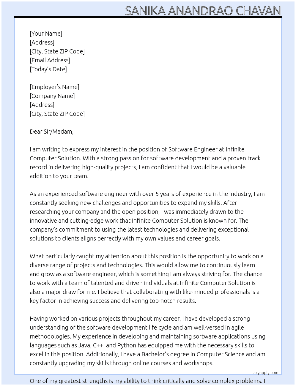 Software Engineer  At Infinite computer solution  Cover Letter