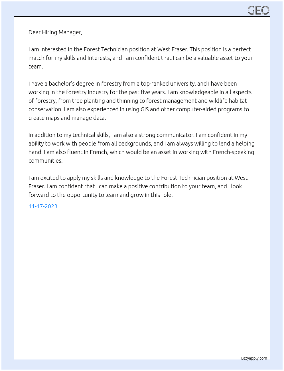 Forest Technician At West Fraser Cover Letter