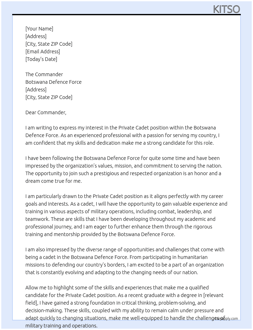 Private Cadet At Botswana Defence force Cover Letter