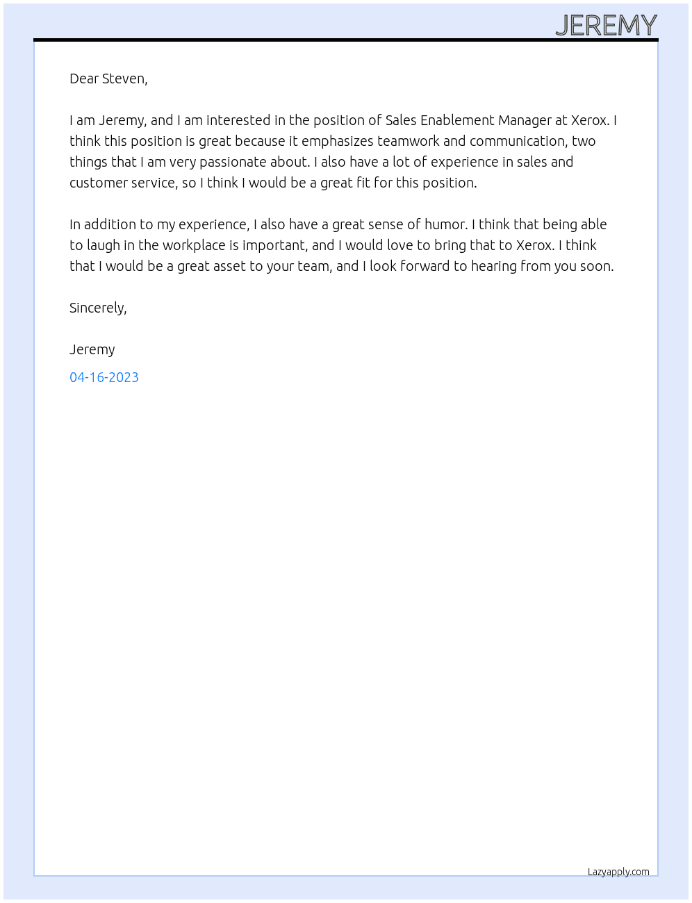 Sales enablement Manager At Xerox Cover Letter