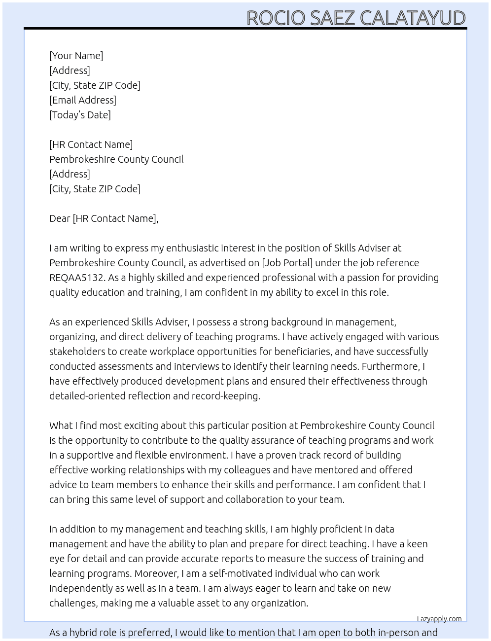 Skills Advisers - Job reference REQAA5132 At Pembrokeshire County Council Cover Letter