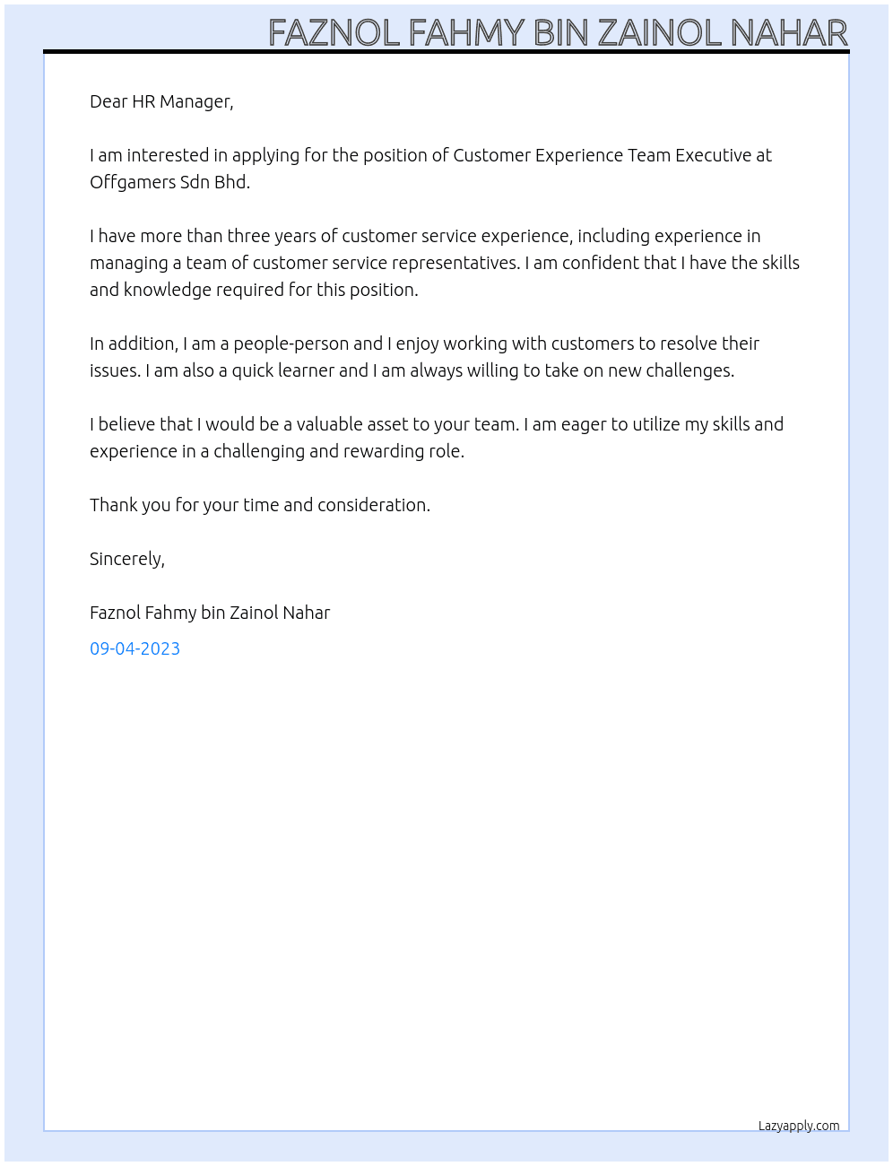 Customer Experience Team Executive At Offgamers Sdn Bhd Cover Letter
