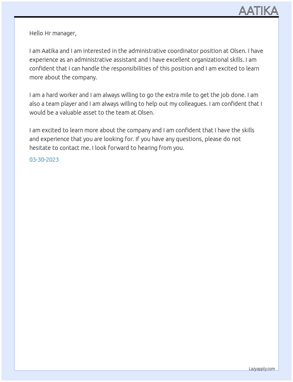 administrative coordinator At olsen Cover Letter