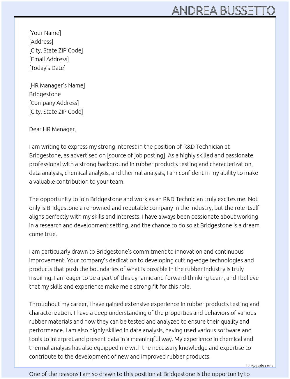 R&D Technician At Bridgestone  Cover Letter