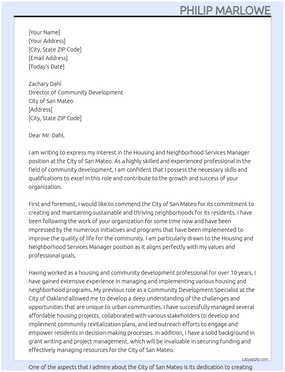 Housing and Neighborhood Services Manager At City of San Mateo  Cover Letter