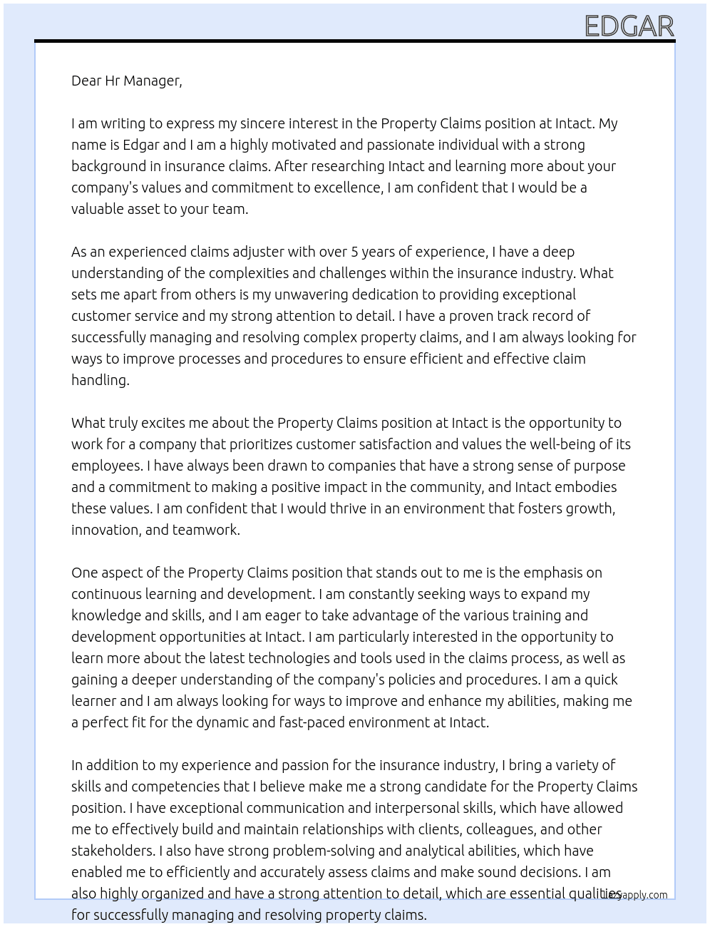 property claims At intact Cover Letter