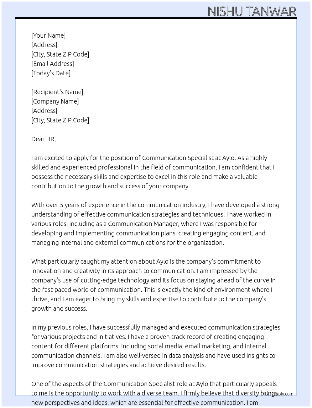 Communication Specialist At Aylo Cover Letter