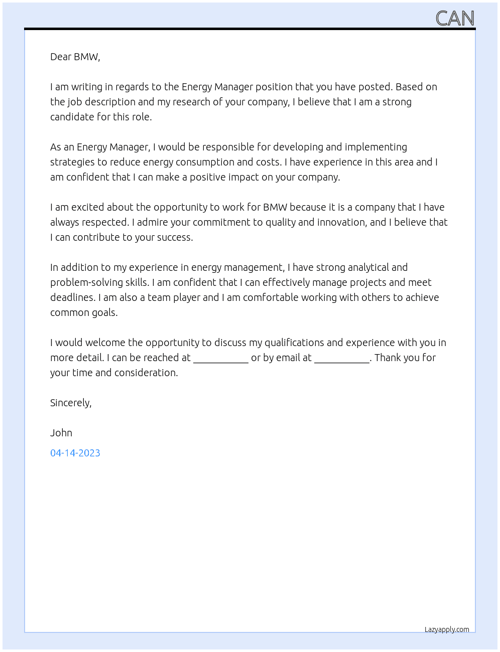 Energy manager  At BMW  Cover Letter