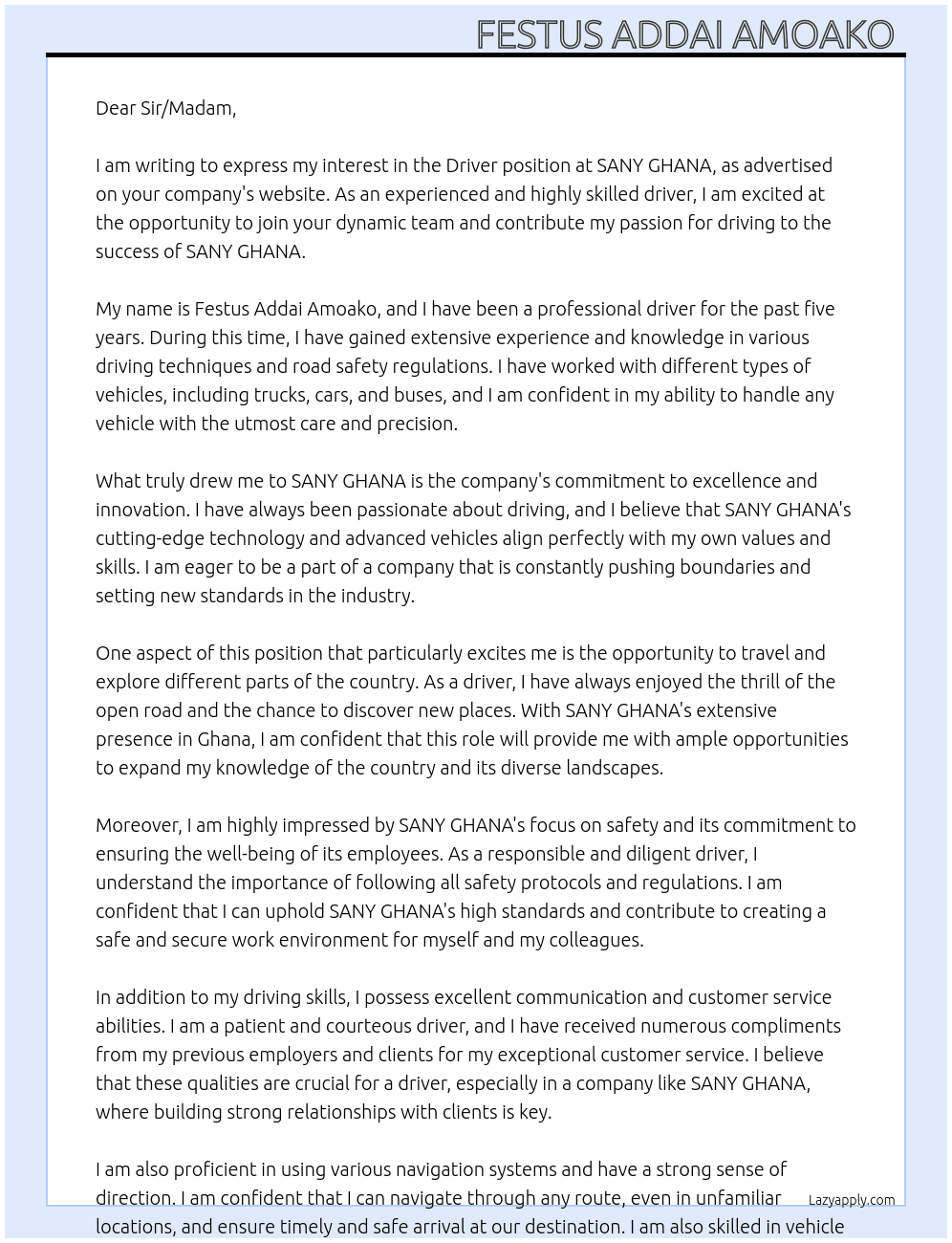 Driver  At SANY GHANA  Cover Letter