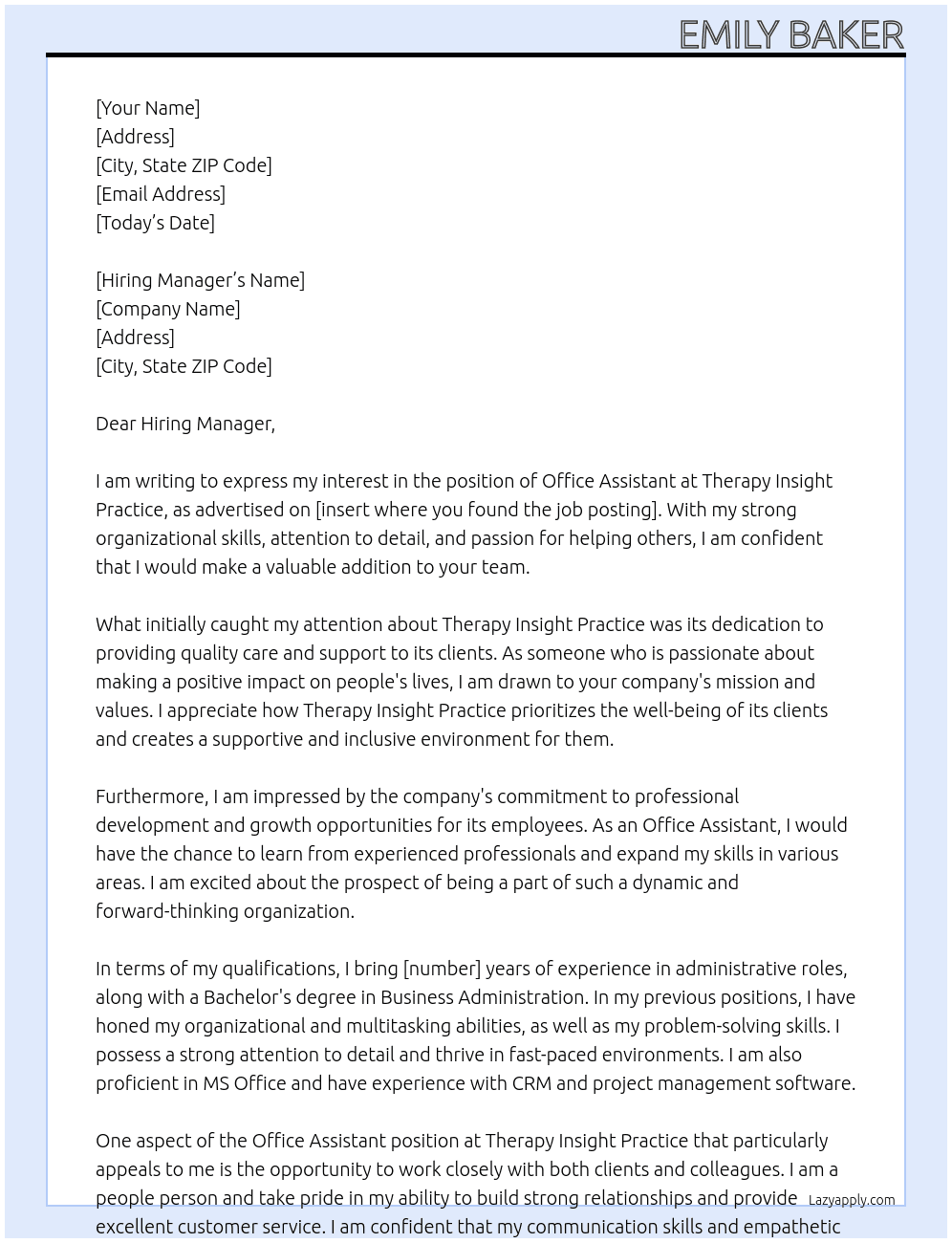 office assistant At Therapy Insight Practice Cover Letter