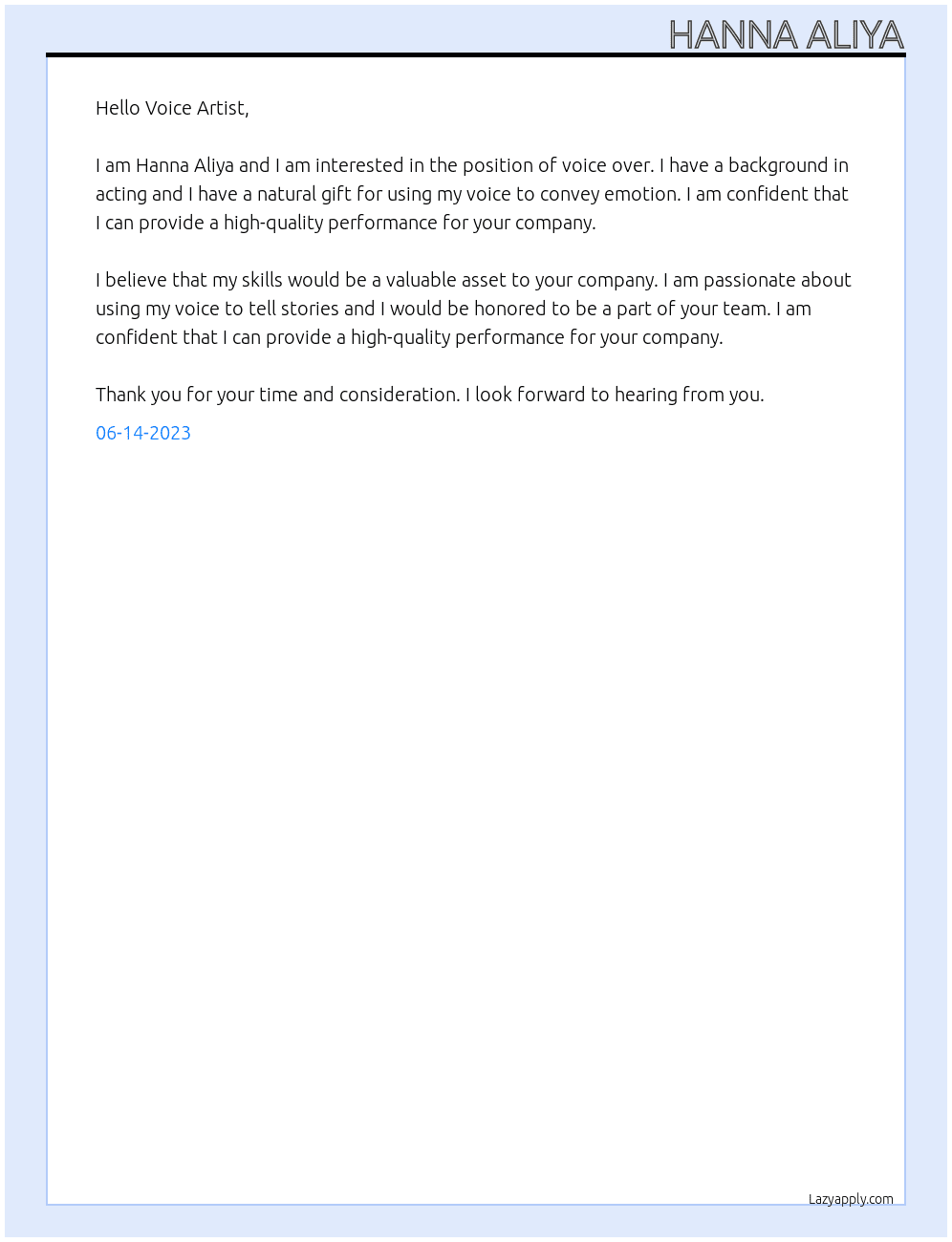 voice over At voice artist Cover Letter