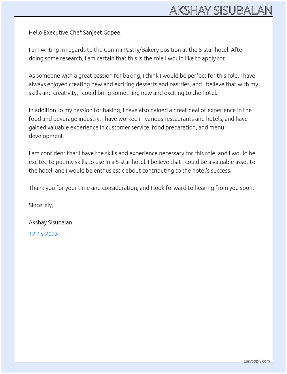 Commi Pastry/Bakery At 5star hotel Cover Letter