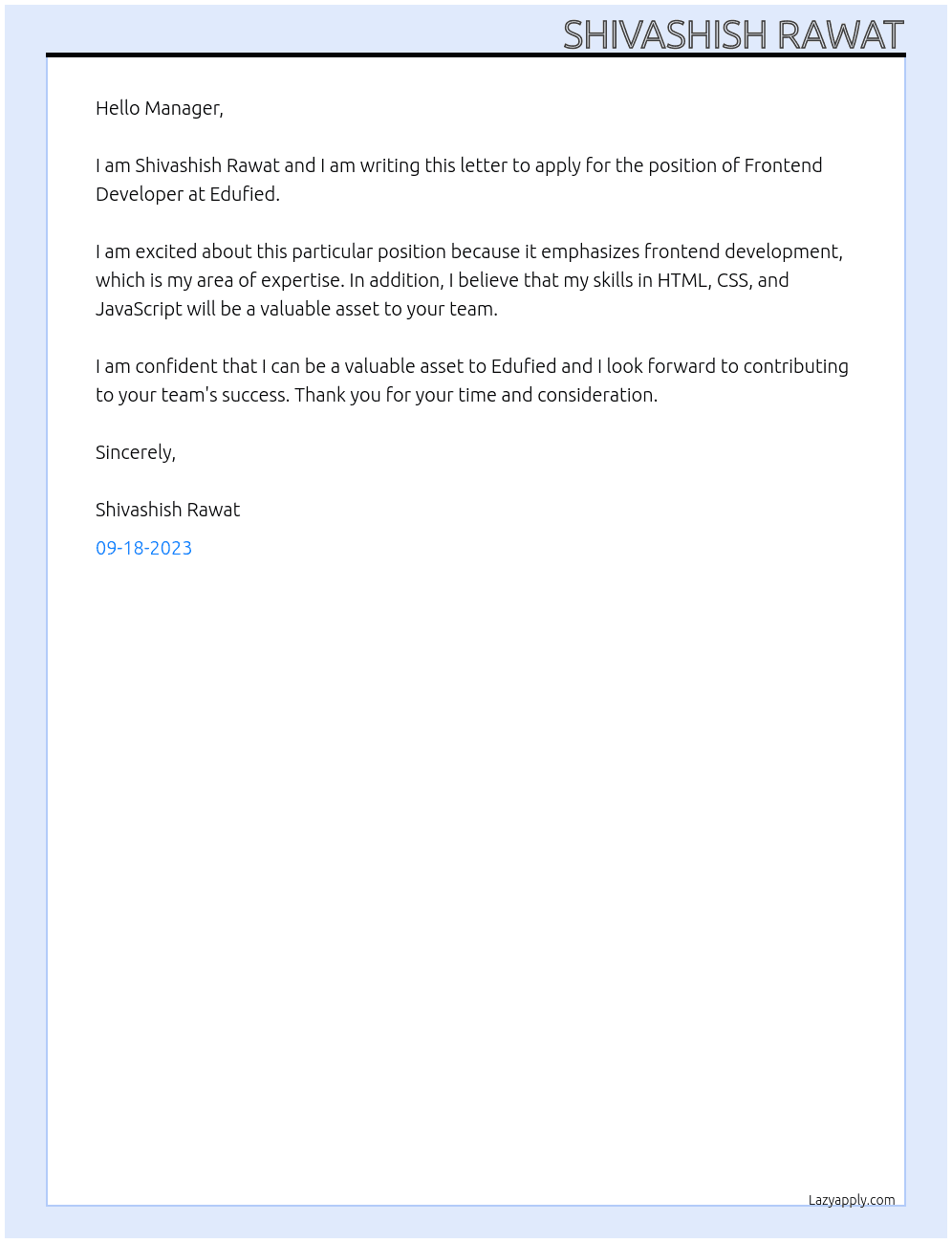 Frontend Developer At Edufied Cover Letter