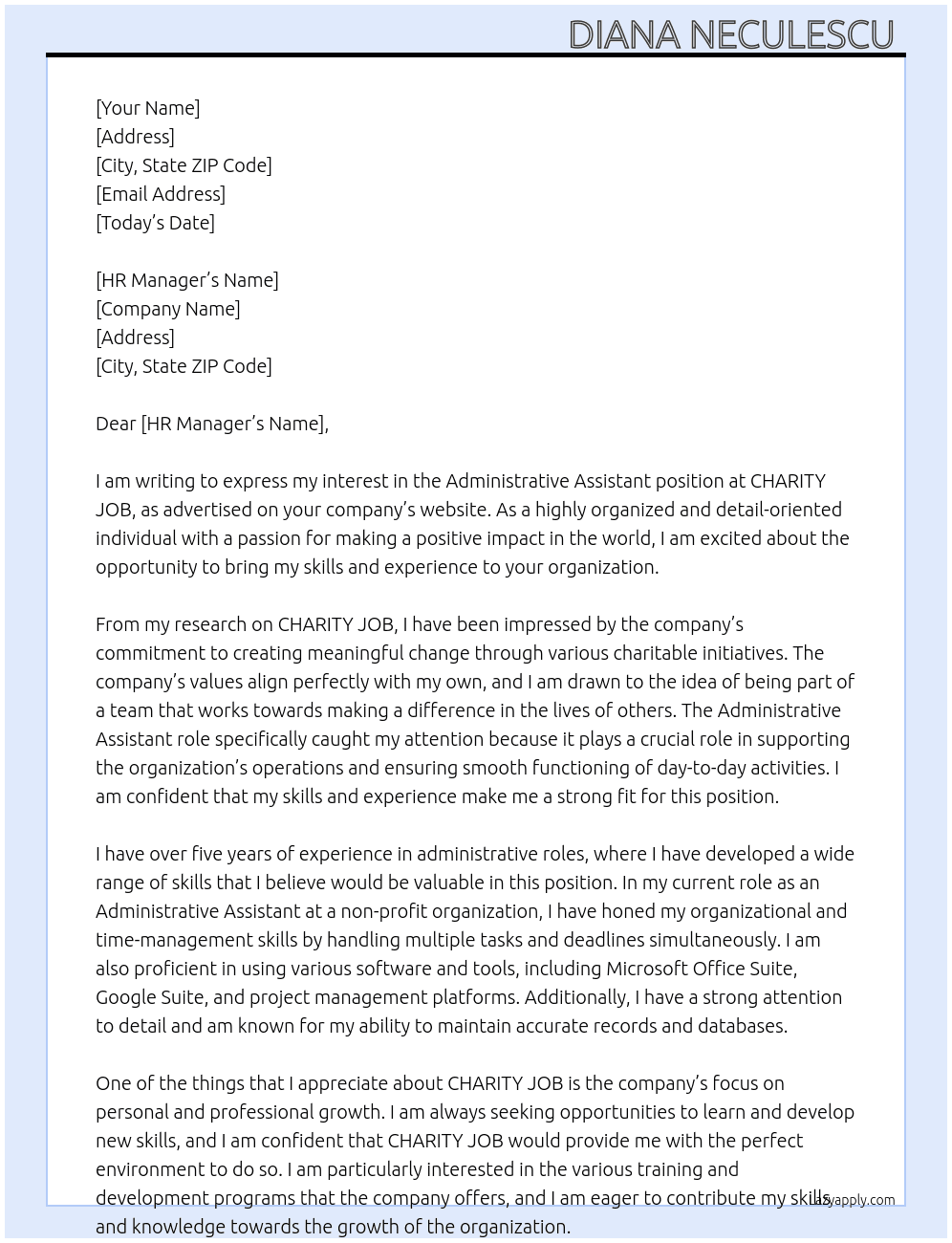 Administrative Assistant  At CHARITY JOB Cover Letter