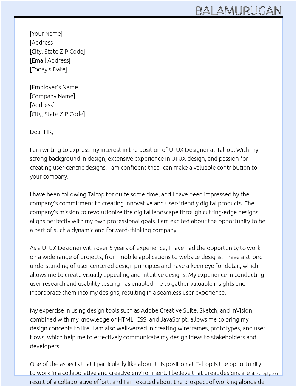 UI UX designer At Talrop Cover Letter