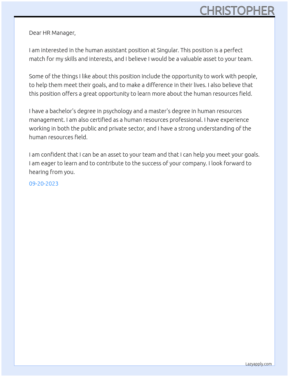 Human assistant At Singular Cover Letter