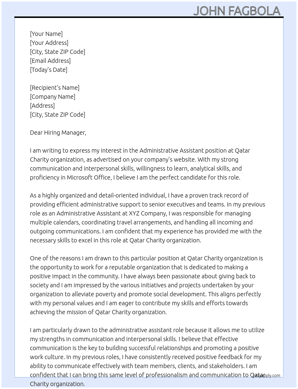 Administrative assistant  At Qatar Charity organization  Cover Letter