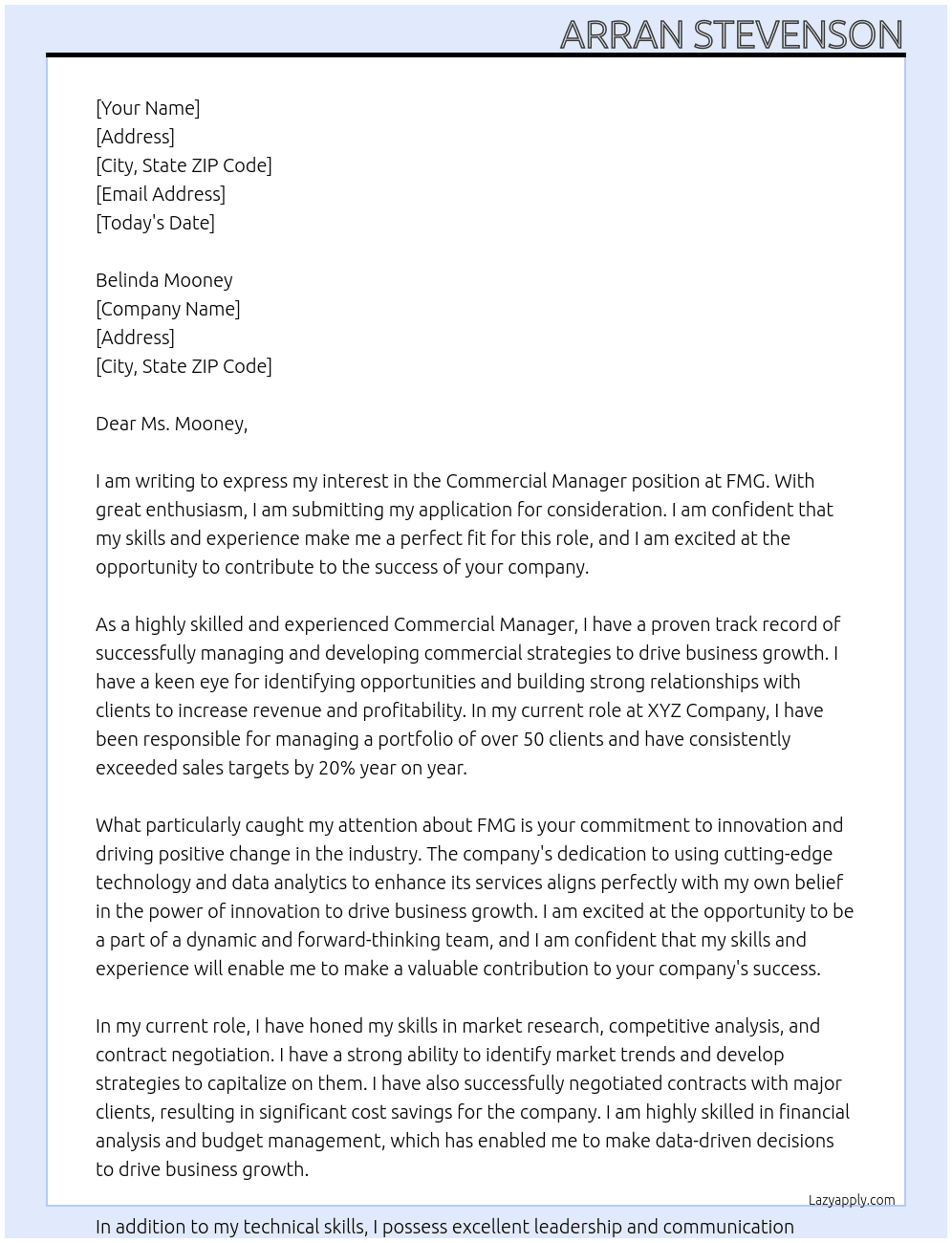 Commercial Manager At FMG Cover Letter