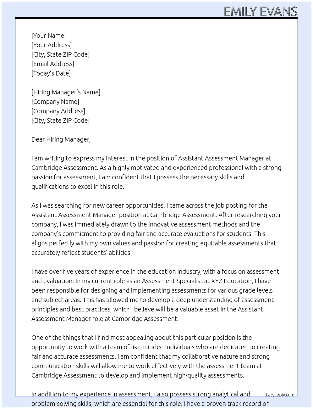 Assistant Assessment Manager At Cambridge Assessment Cover Letter