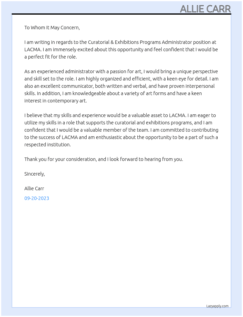 Curatorial & Exhibitions Programs Administrator At LACMA Cover Letter