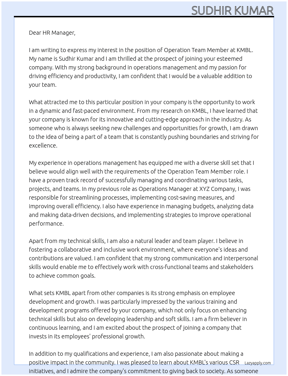 Operation Team Member At KMBL Cover Letter