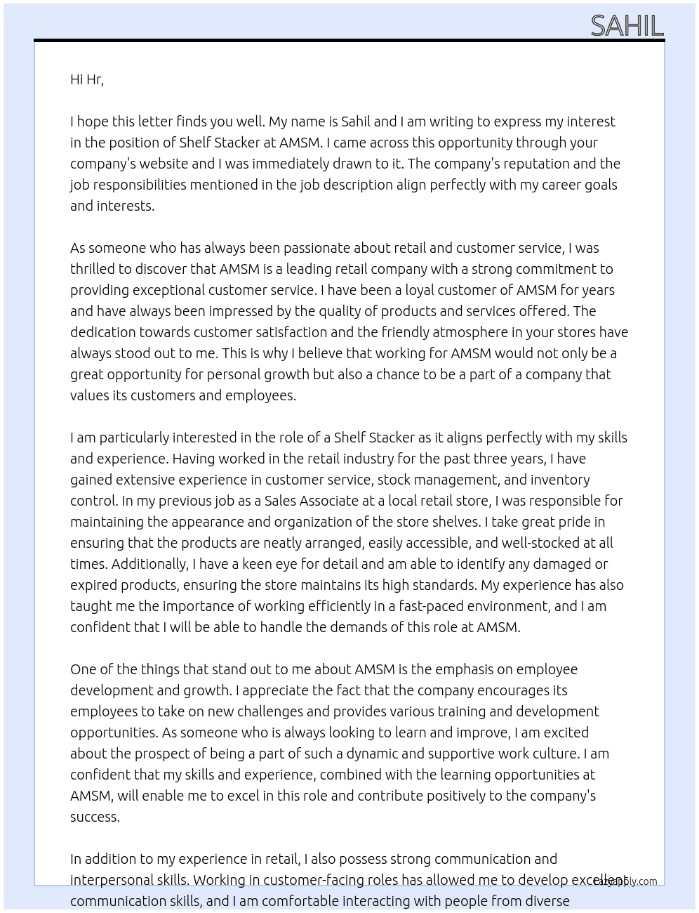 Shelf Stacker At AMSM Cover Letter