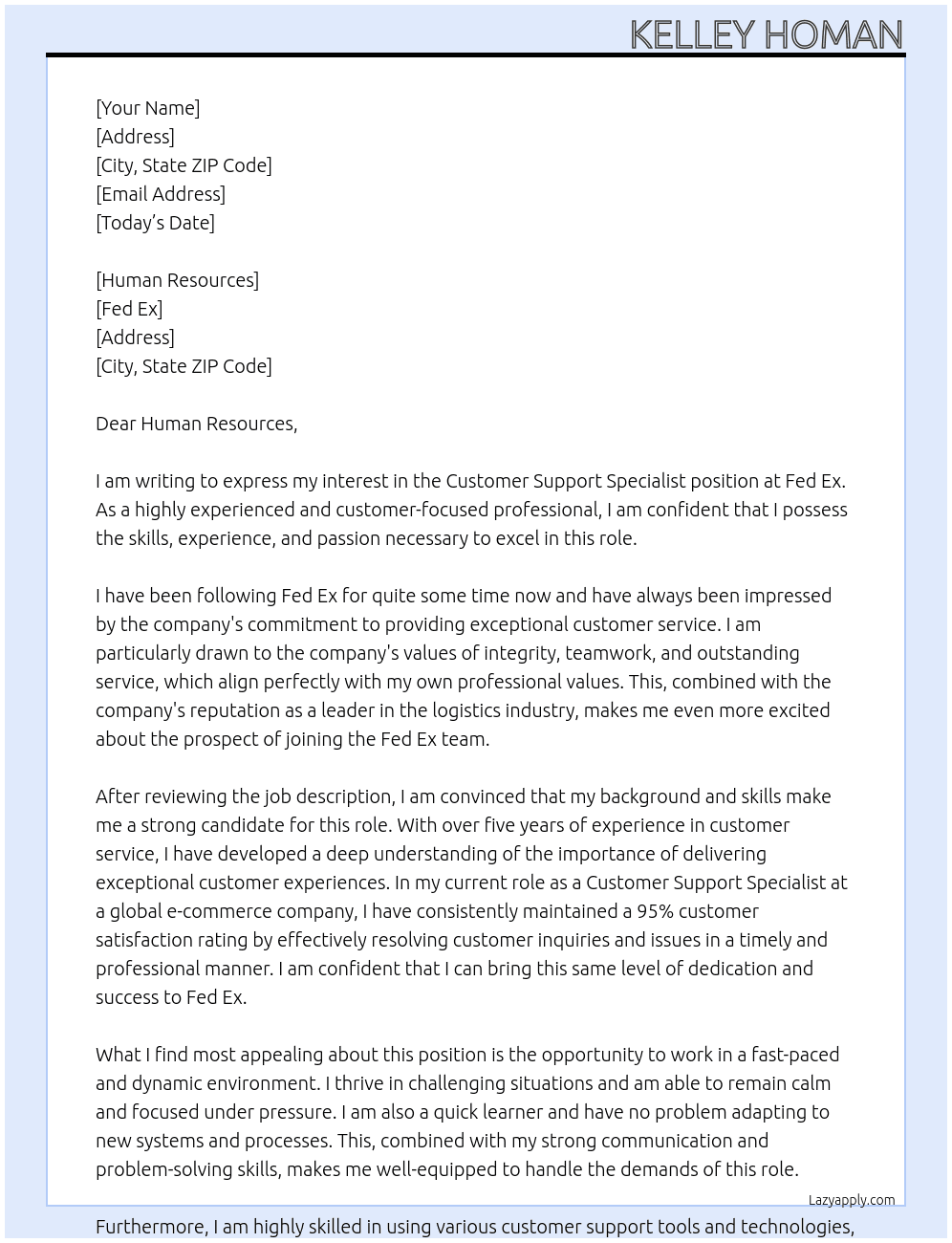 customer support specialist At Fed Ex Cover Letter