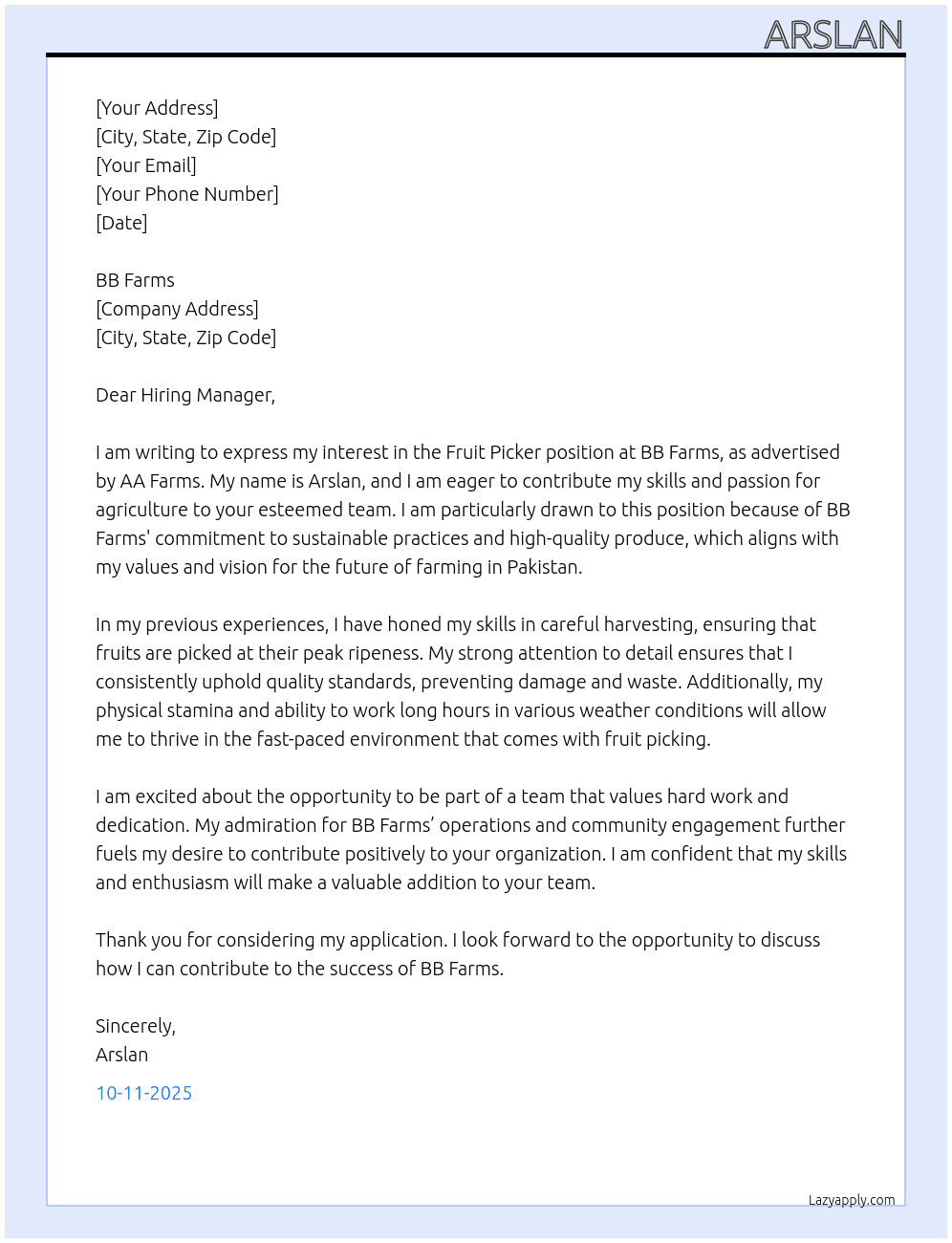fruit picker At aa farms Cover Letter