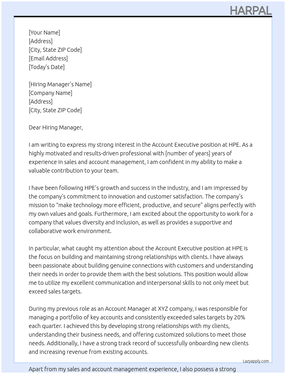 Account Executive At HPE Cover Letter