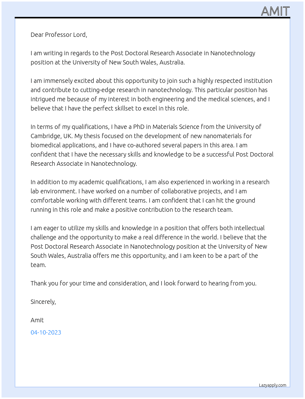 Post Doctoral Research Associate in Nanotechnology At University of New South Wales, Australia Cover Letter