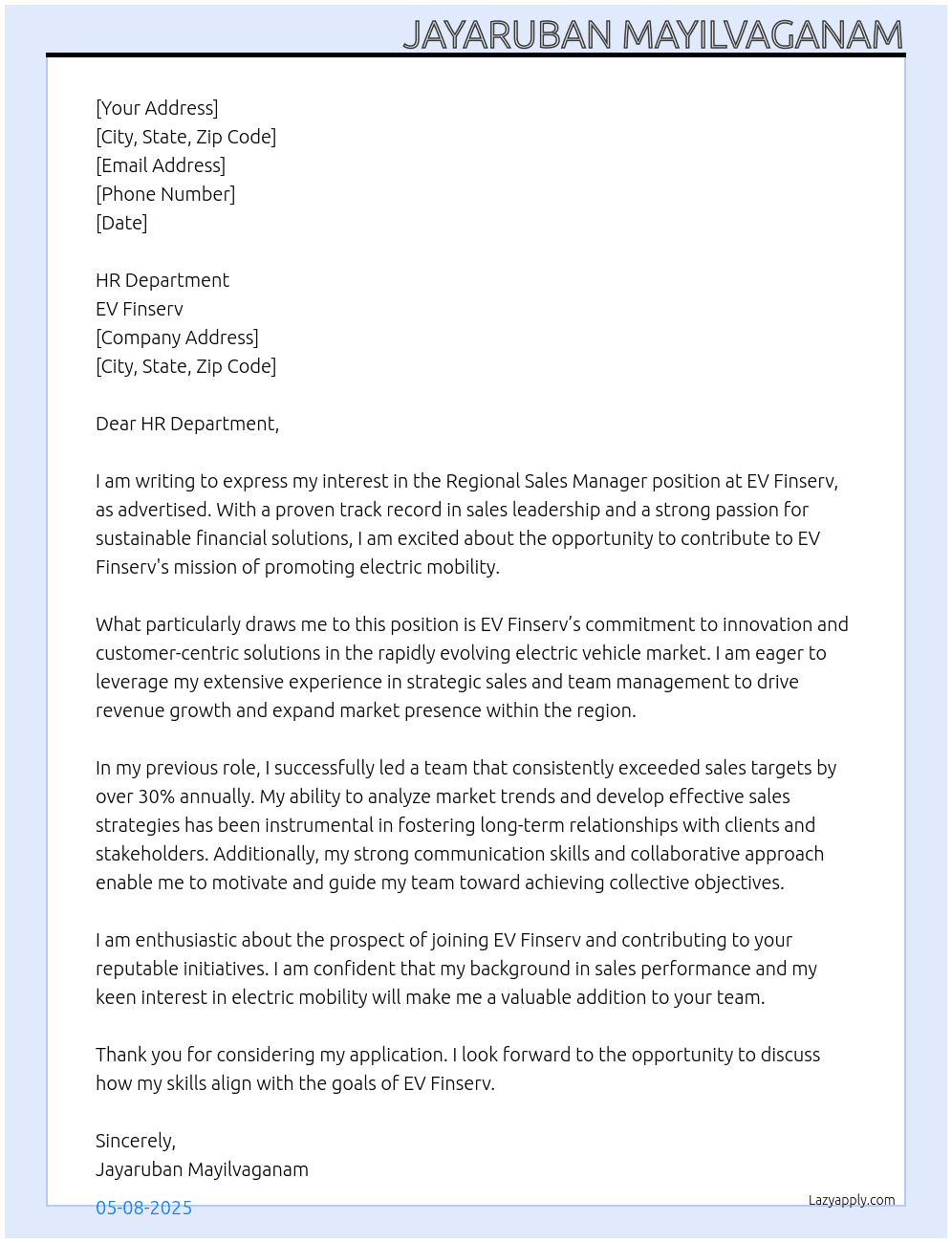 Regional Sales Manager At EV Finserv Cover Letter