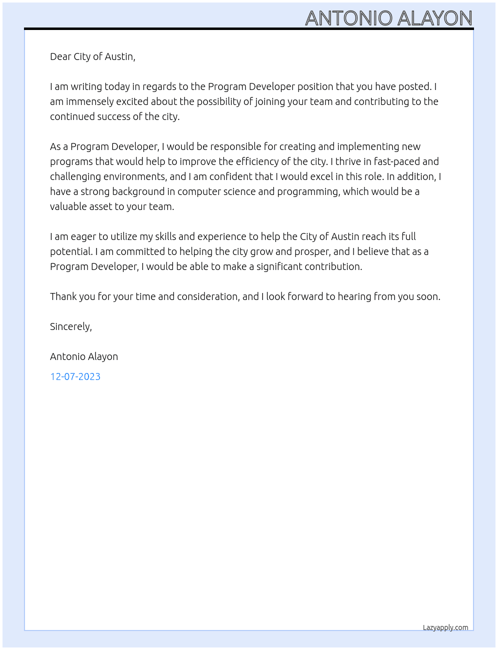 Program Developer At City of Austin Cover Letter