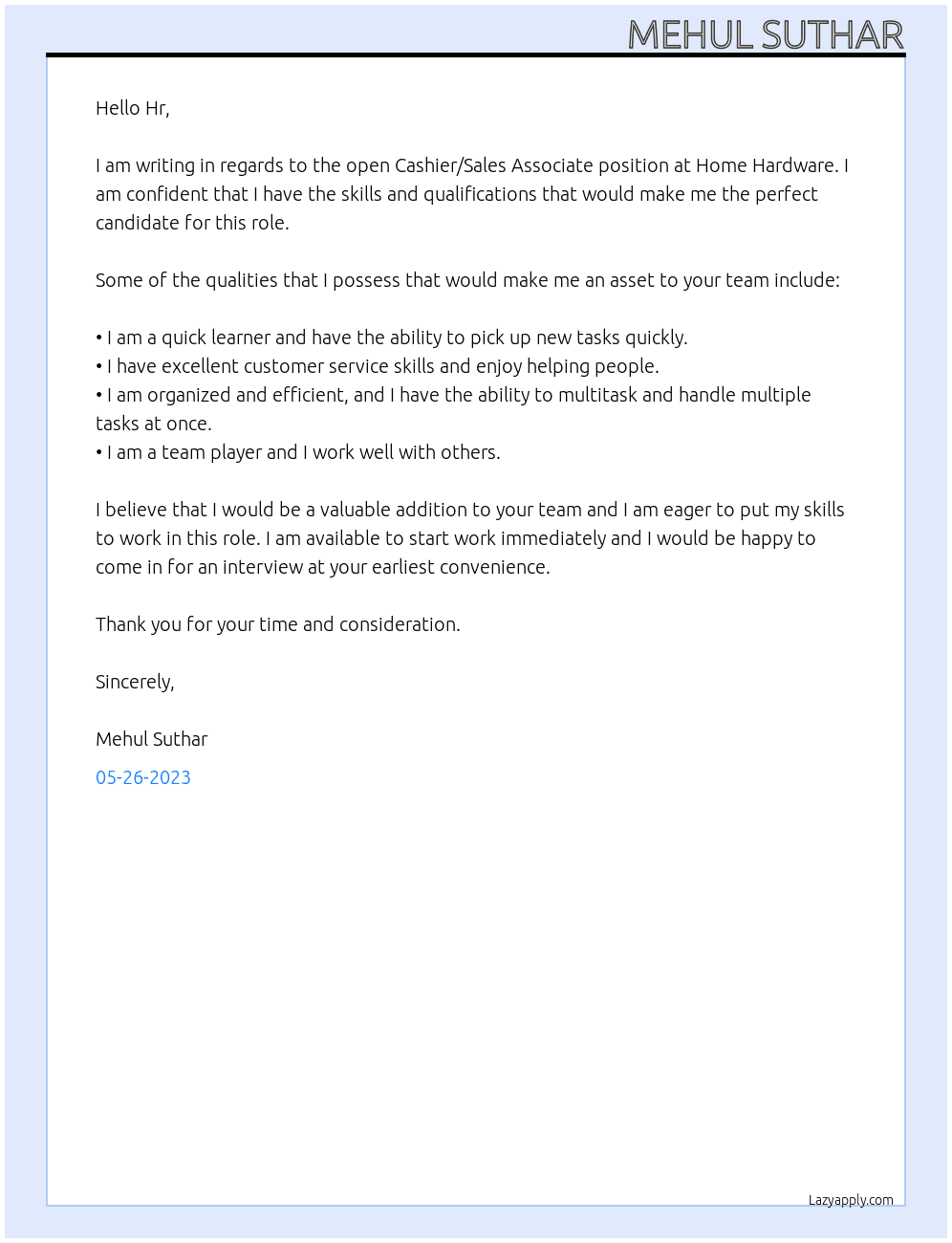 Cashier/Sales Associate At Home Hardware Cover Letter
