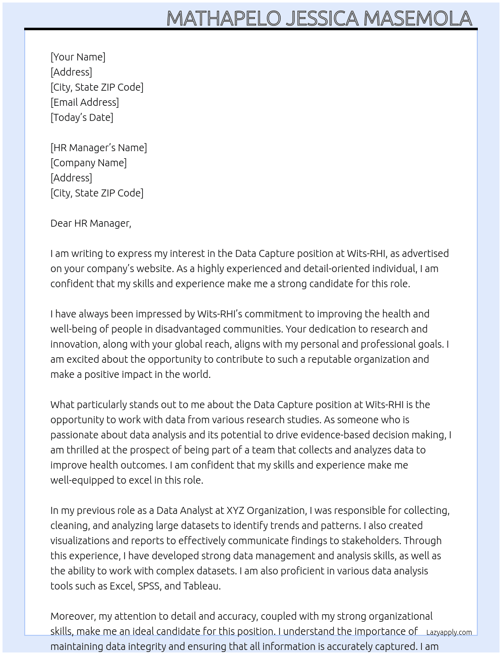 Data Capture At Wits-RHI Cover Letter
