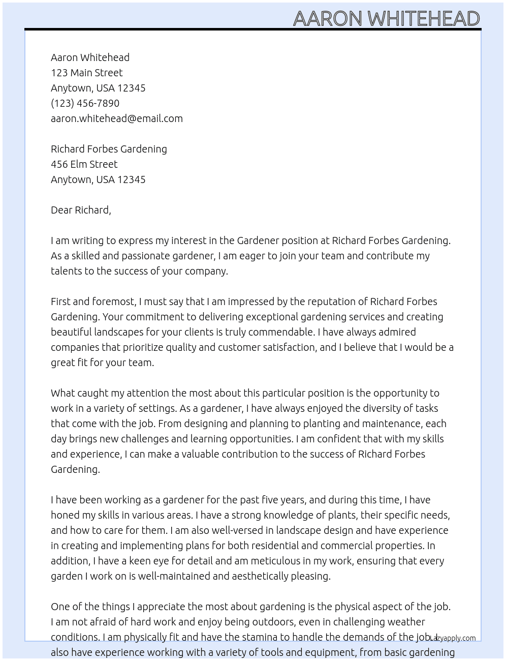 Gardener At Richard Forbes Gardening Cover Letter