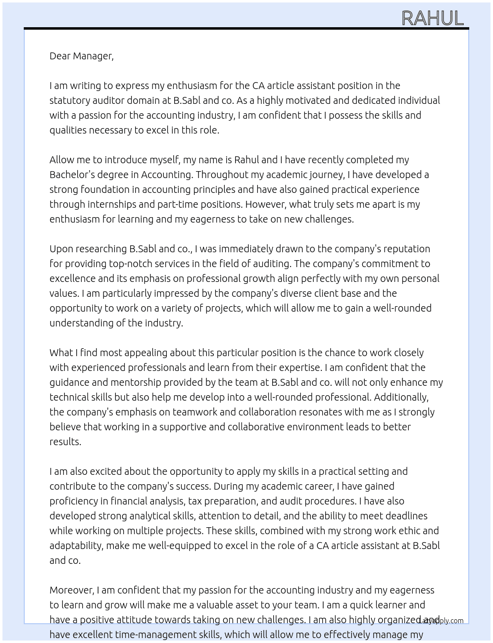 CA article assistant in statutory auditor domain  At B.Sabl and co. Cover Letter
