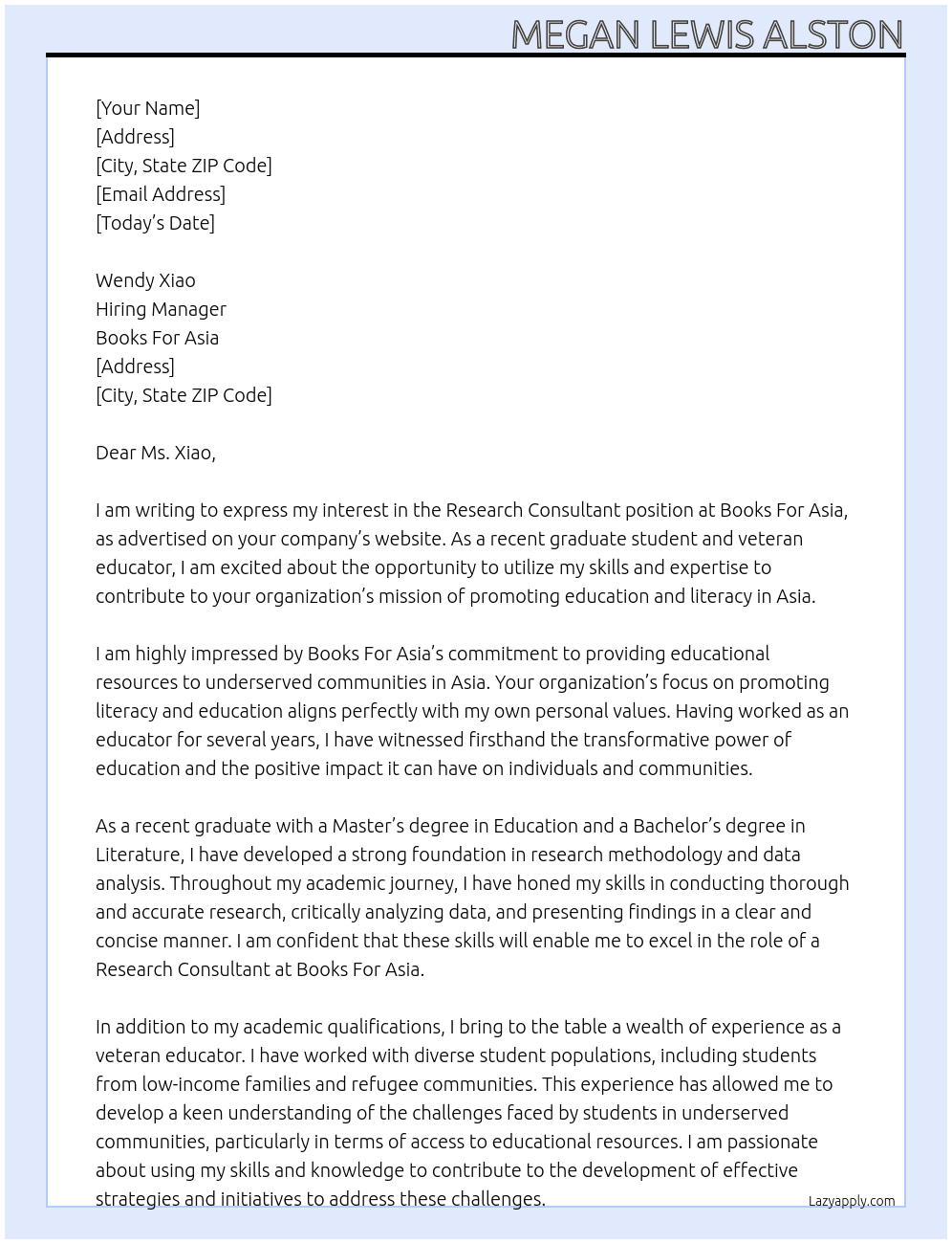 Research Consultant At Books For Asia  Cover Letter