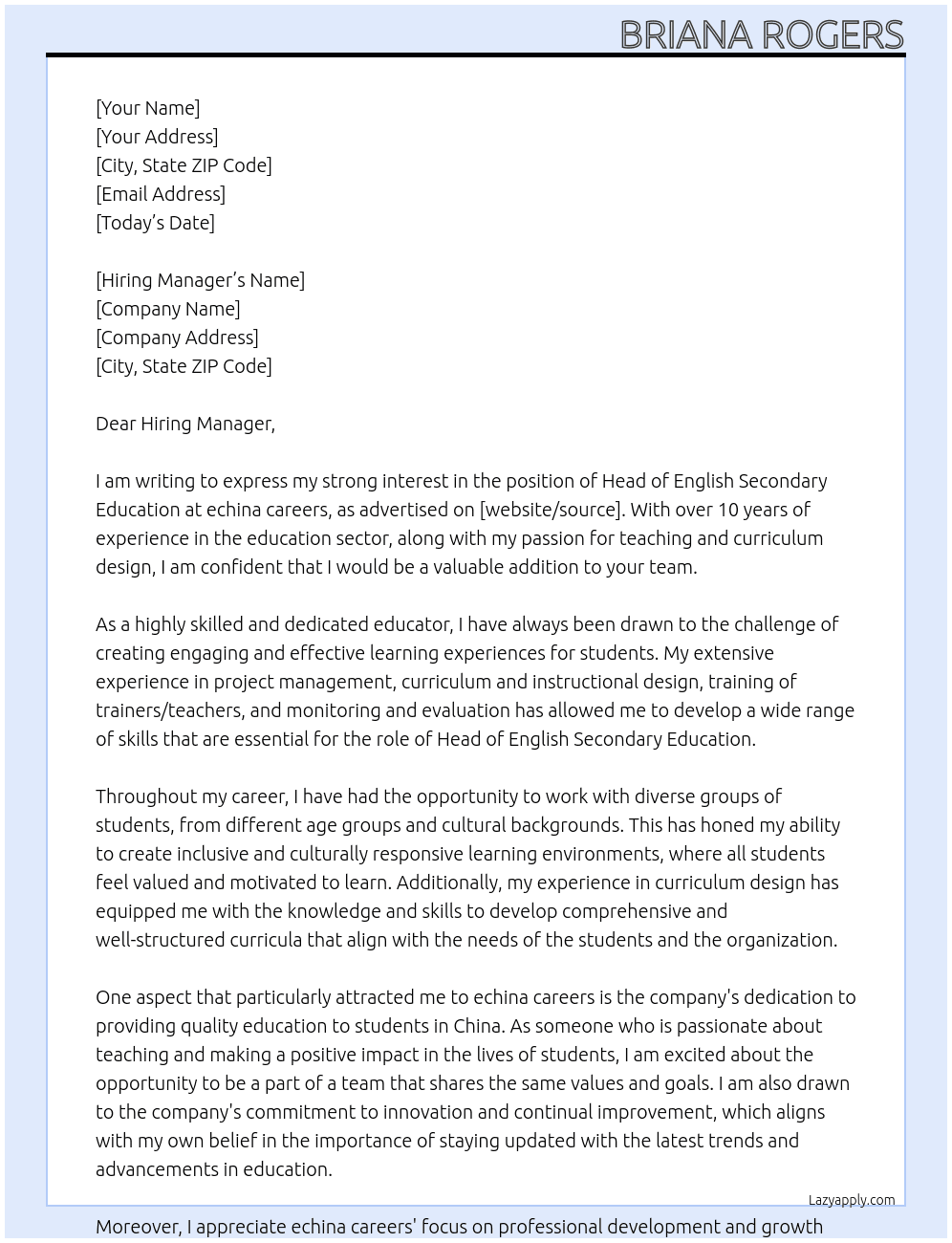 Head of English Secondary Education At echina careers Cover Letter