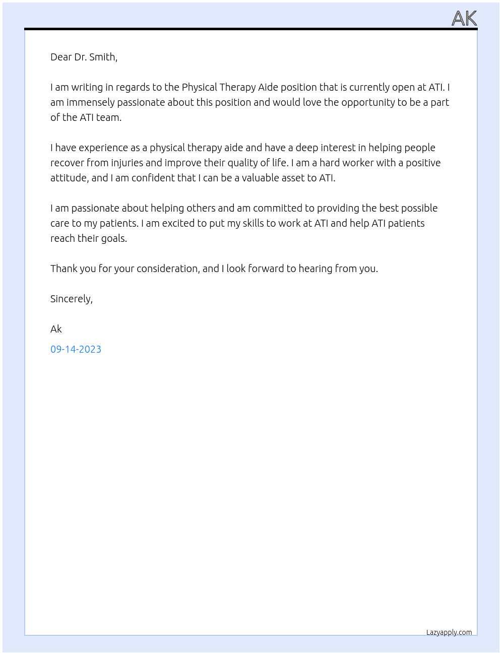 Physical Therapy Aide At Ati Cover Letter