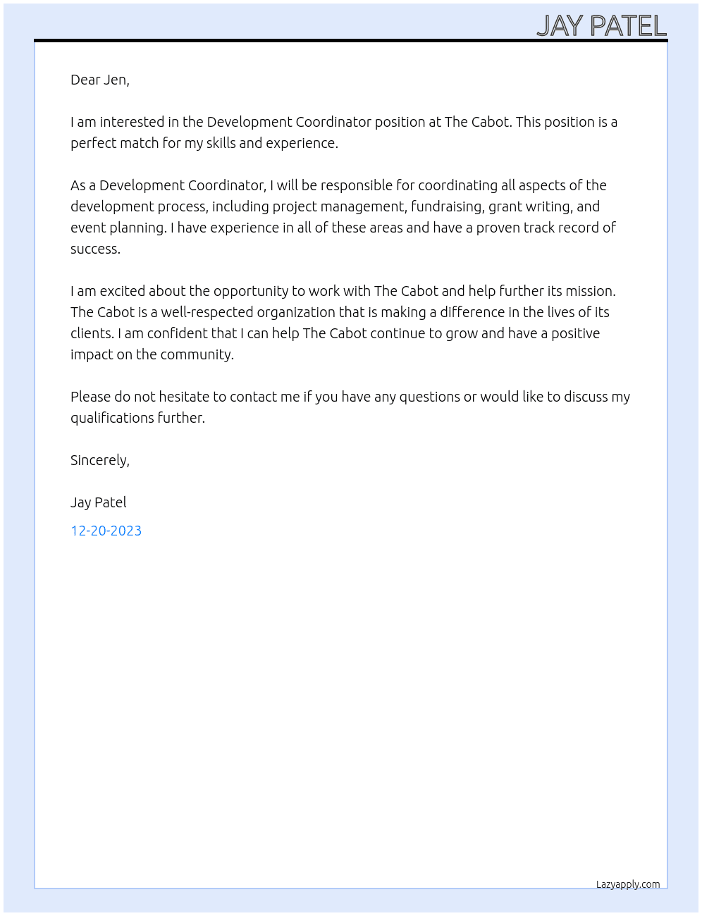 Development Coordinator At The Cabot Cover Letter